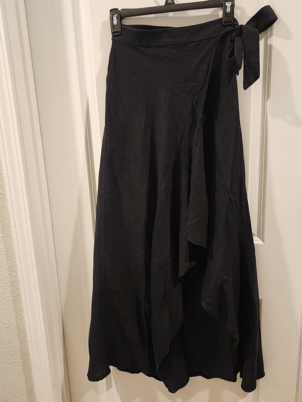 White House Black Market Black Maxi Wrap Skirt Asymmetrical Ruffle Hem Side Tie